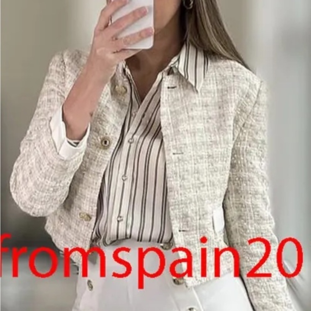 (P2) ZARA NEW WOMAN CROP CONTRAST TEXTURED BLAZER JACKET‎ ECRU, Size S